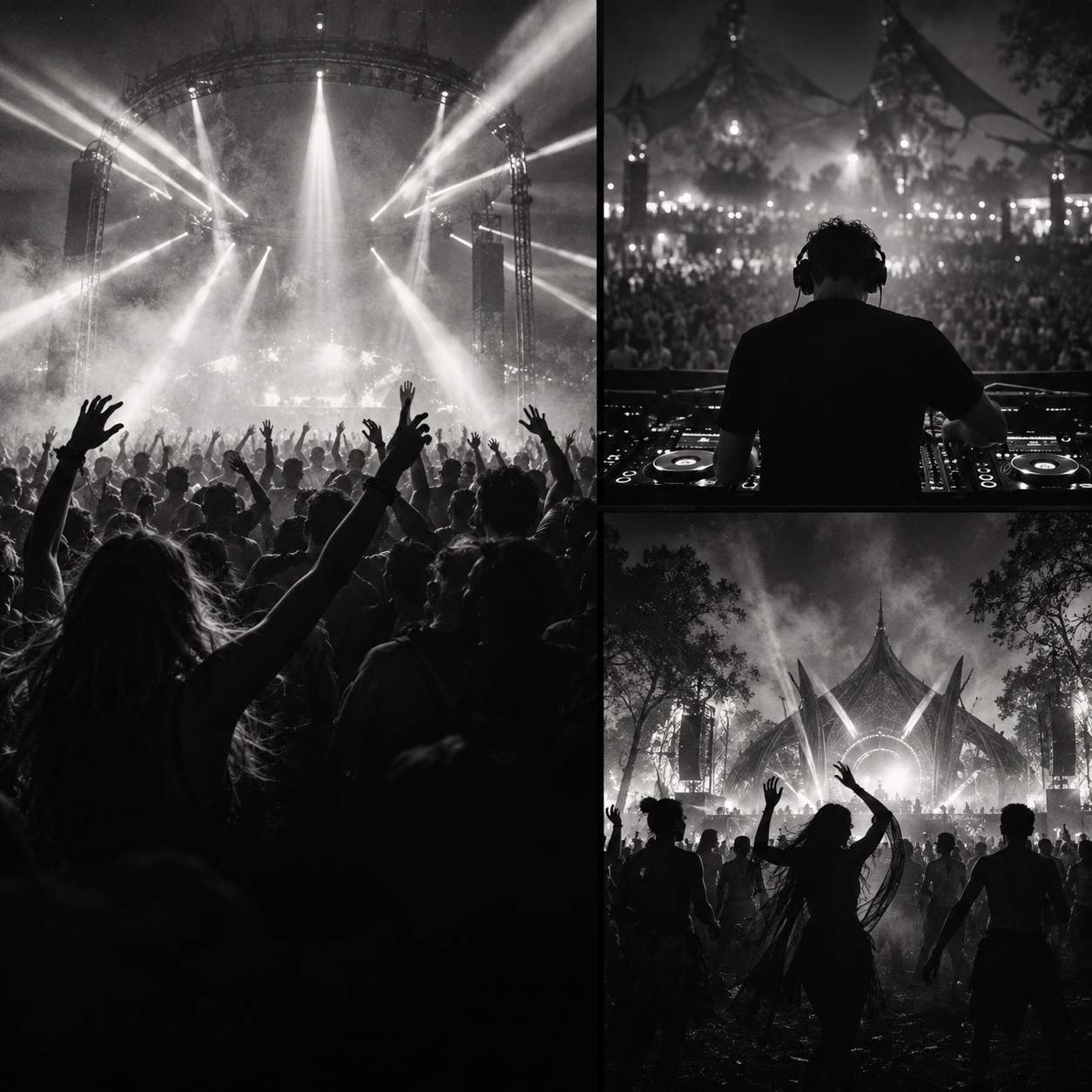 Black-and-white collage of trance dancefloors, a DJ and an outdoor stage